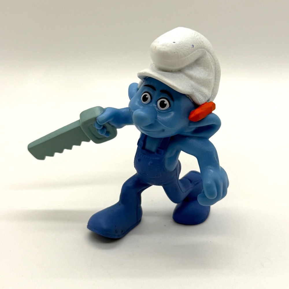 2001 McDonald's‎ Handy Smurf Toy Figure Blue Small Saw Tool Carpenter Movie VTG
